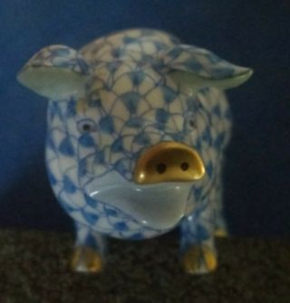 Herend Porcelain Blue Fishnet Pig - -,  24k Gold,  Cute