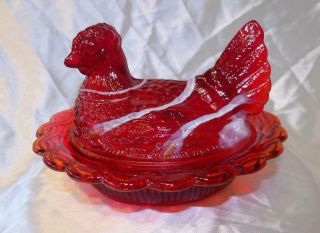 Gorgeous Red Slag Glass Hen On Nest Covered Candy Bowl & Ring Jewelry Holder Wow