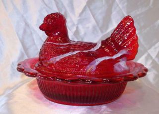 Gorgeous Red Slag Glass Hen On Nest Covered Candy Bowl & Ring Jewelry Holder WOW 2