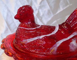 Gorgeous Red Slag Glass Hen On Nest Covered Candy Bowl & Ring Jewelry Holder WOW 3