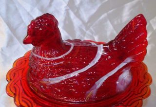 Gorgeous Red Slag Glass Hen On Nest Covered Candy Bowl & Ring Jewelry Holder WOW 4