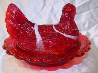 Gorgeous Red Slag Glass Hen On Nest Covered Candy Bowl & Ring Jewelry Holder WOW 6