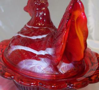 Gorgeous Red Slag Glass Hen On Nest Covered Candy Bowl & Ring Jewelry Holder WOW 8