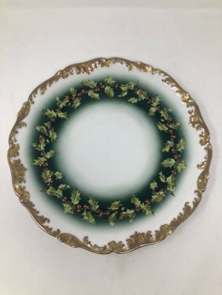 T&v Limoges France Christmas Holly Berry Large Charger / Cabinet Plate 12.  5 "