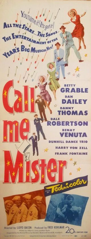 Call Me Mister (1951) Betty Grable Musical 14x36 Insert Poster