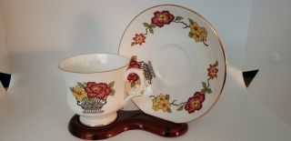 Vintage Staffordshire Fine Bone China England Flower Basket Set - 4 Cups/saucers