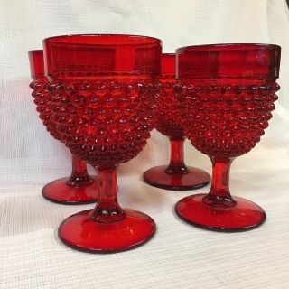 Set Of 4 Vintage Ruby Red Glass Hobnail Water Goblets Perfect For Brunch