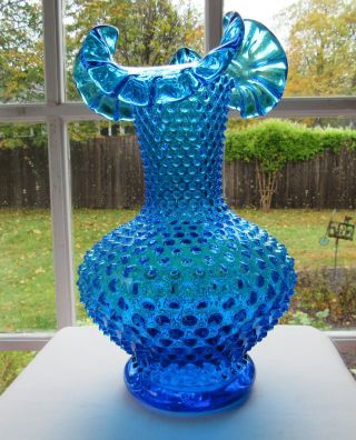 Vintage Fenton Cobalt Colonial Blue Hobnail Ruffled Vase 10.  5 "