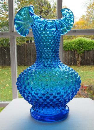Vintage Fenton Cobalt Colonial Blue Hobnail Ruffled Vase 10.  5 