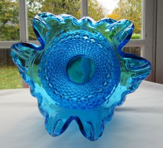 Vintage Fenton Cobalt Colonial Blue Hobnail Ruffled Vase 10.  5 