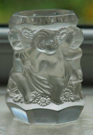 Vintage Frosted Glass Art Deco Small Vase Putti Cherubs 84mm Signed R Lalique
