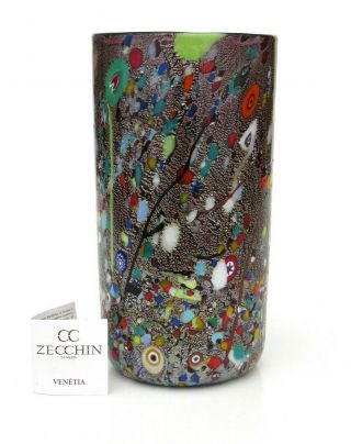 Signed Murano Art Glass Millefiori Multi Coloured Vase By Zecchin & Certificate
