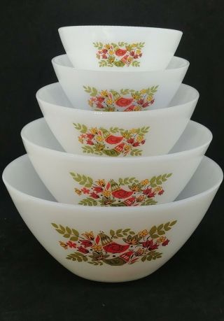 Vintage Arcopal France Milk Glass Set Of 5 Red Partridge Mixing Bowls