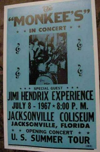 Vintage The Monkees Jimi Hendrix 1967 Concert Poster 60s Tour Jacksonville Fla.