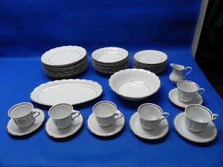 39 Piece Set Walbrzych Poland Empire Gold Trim Dinner Plate Bowl Platter Tea Cup