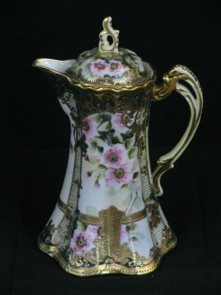 Nippon Hand Painted Gold Overlay Floral Chocolate Pot Pitcher 10 " W/ Lid 5 3/8 "