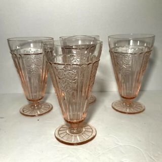 Mayfair Open Rose Pink Depression Glass Footed Iced Tea Glasses Set Of 4 Parfait