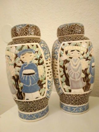 2 Vintage Dona Vietnam Pottery Vase Ginger Jar Lidded Urn