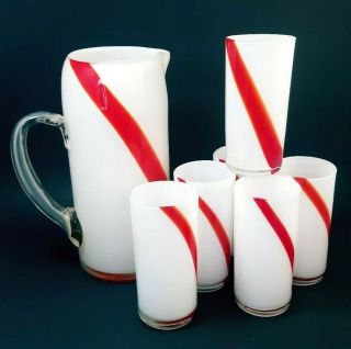 Vtg Pitcher 6 Glasses Red And White Candy Cane Stripe Hand Blown Art Glass Euc