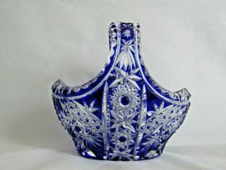 Vintage Cobalt Blue Cut To Clear Crystal Basket Candy Dish