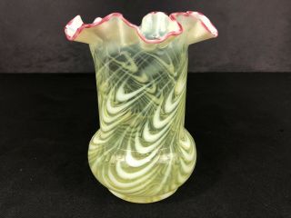 Antique Vaseline Glass Celery Vase? Swirl Opalescent Pattern Cranberry Crimp Top