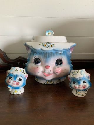Vintage Lefton Miss Priss Kitty Cat Head Cookie Jar Ceramic Japan & Salt Pepper