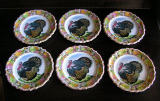Set Of 6 Hand Painted Turkey Dinner Plates F.  B.  Italy