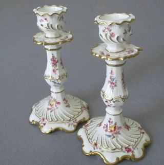 Pr Vintage Coalport Porcelain Candlesticks Colorful Hp Dresden Flowers Gilt Trim