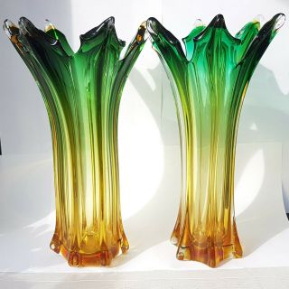Large Murano Green & Orange Flared Glass Llily Vases Retro