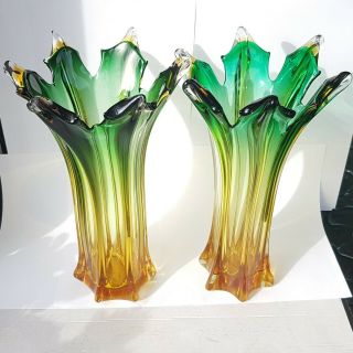 Large Murano Green & Orange Flared Glass Llily Vases Retro 2