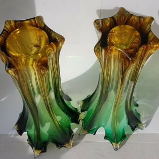 Large Murano Green & Orange Flared Glass Llily Vases Retro 3
