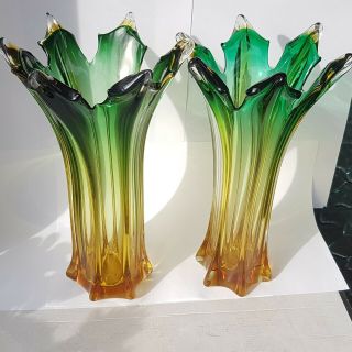 Large Murano Green & Orange Flared Glass Llily Vases Retro 4