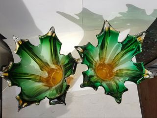 Large Murano Green & Orange Flared Glass Llily Vases Retro 5