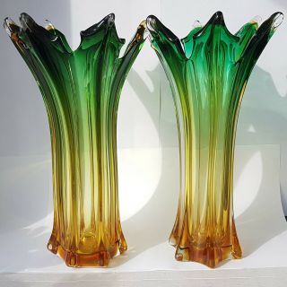 Large Murano Green & Orange Flared Glass Llily Vases Retro 6