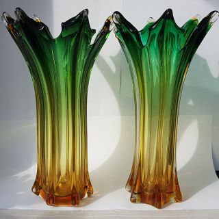 Large Murano Green & Orange Flared Glass Llily Vases Retro 7
