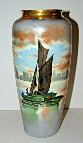 Rosenthal Fine Porcelain Hand Painted Sailing Ship Vase Signed Bergeon
