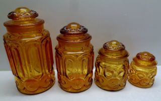 4 Le Smith Amber Tan Moon & Stars 11,  9,  7,  5 " Canisters & Lids
