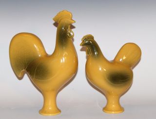 Pair Vintage West German Mid Century Art Pottery Chicken Rooster Raymor Figures
