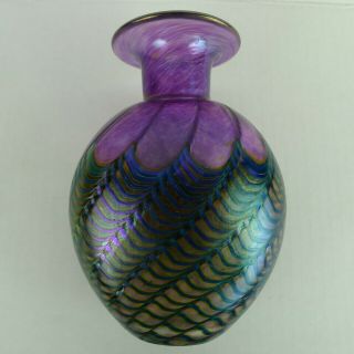 Robert Held Art Glass Vase Pulled Purple And Blue Iridescent Signed 5.  75 Inches