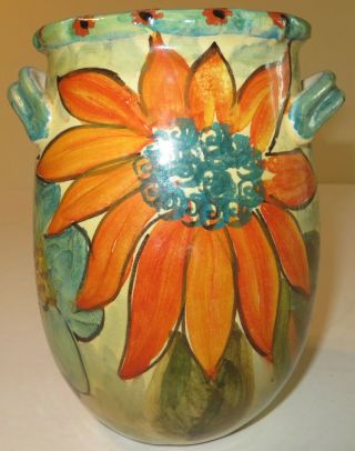 Mid Century Italy Italica Ars Hand Painted Sunflower Vase Art Pottery 2 Handled
