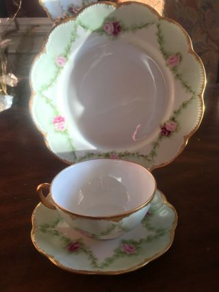 Haviland Limoges Hand Painted Trio Plate Cup Saucer Pink Red Roses Gold Trim