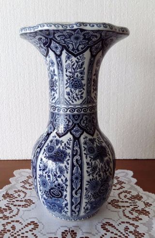 Large Delft Blue Trumpet Vase Hand Painted Floral Vintage Marked