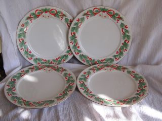 4 Sango Noel 8401 Christmas Holiday Holly Red Ribbon Dinner Plate Dish Retired