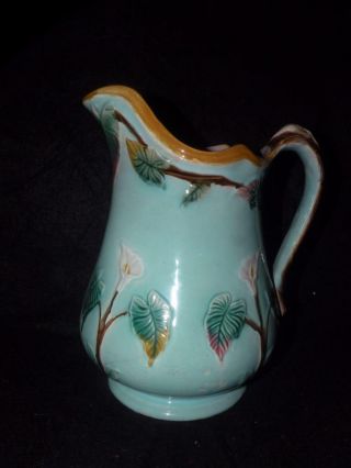 Antique Majolica Calla Lily Water Pitcher 10 " Tall