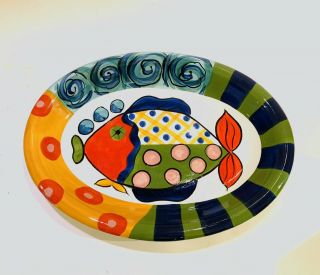 Vintage Vicki Carroll Pottery Splish Splash Fish 12 " Oval Platter Colorful