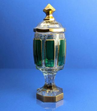 Vintage Antique Green Glass & Gold Lidded Octagonal Vase Urn & Lid 9.  5 "
