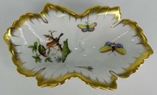 Herend Hungary Rothschild Bird Gold & Green Border 6 " Leaf Trinket Dish / Bowl