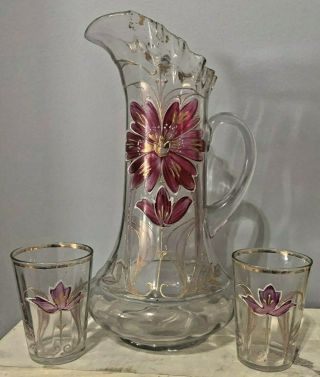 Very Rare 1900s Glass Blown Glass Hand Painted Pitcher & 2 Glasses