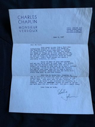 Charlie Chaplin Authentic Verdoux Letterhead Sent To Star Of Film Marilyn Nash