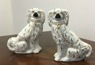 Two Antique 7” Staffordshire Dogs King Charles Spaniels Figurines